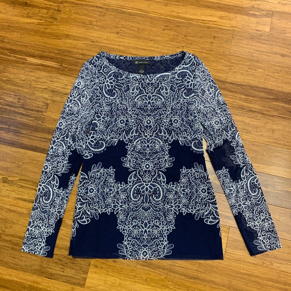 INC International Concepts Navy Blue & White Lace Print Long Sleeve Top Size XL